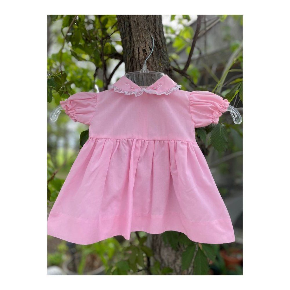 Vintage Mini Togs Pink Party Dress Peter Pan Collar Short Puff Sleeve Sz 12m